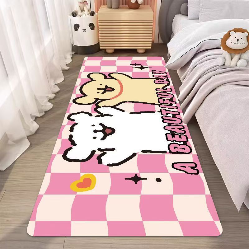Pink checkered bedroom mat with cute puppy illustration and black text accents