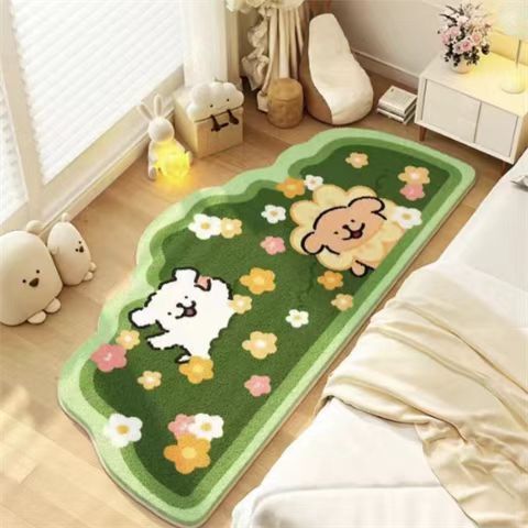 Puppy-themed bedroom mat, green oval rug with cartoon dog and flower accents, scalloped edge