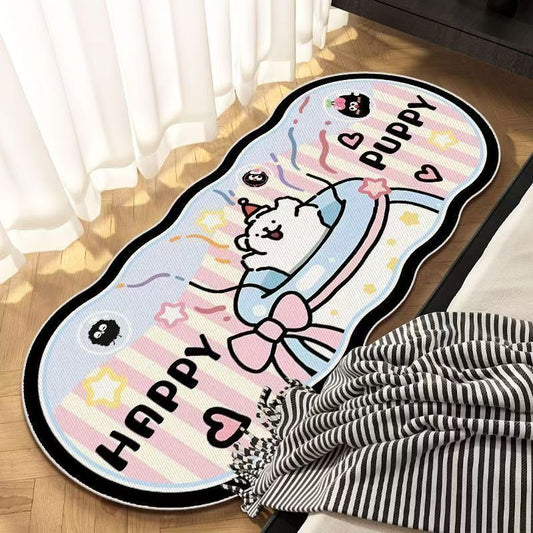 Cute puppy bedroom mat with oval border, white puppy and heart bow graphic