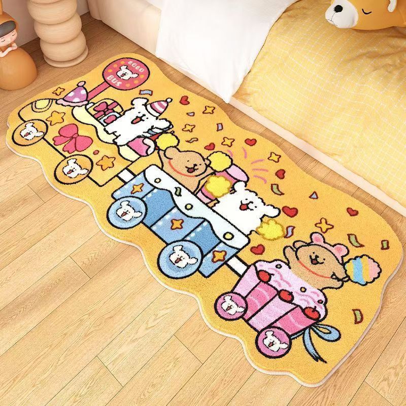 Soft bedroom mat with cute puppy cartoon and heart doodles, rounded edges