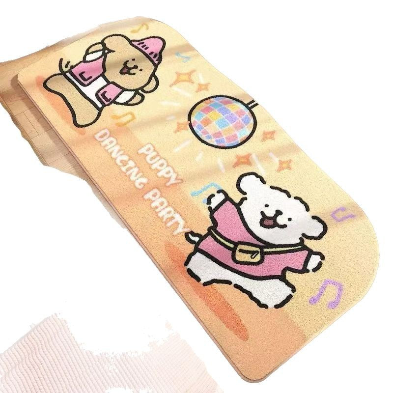 Beige bedroom mat with cartoon puppy dancing and small rainbow text accents