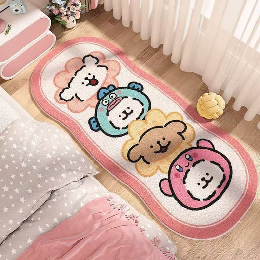Pink and cream bedroom rug mat with three cartoon puppies and a rounded border