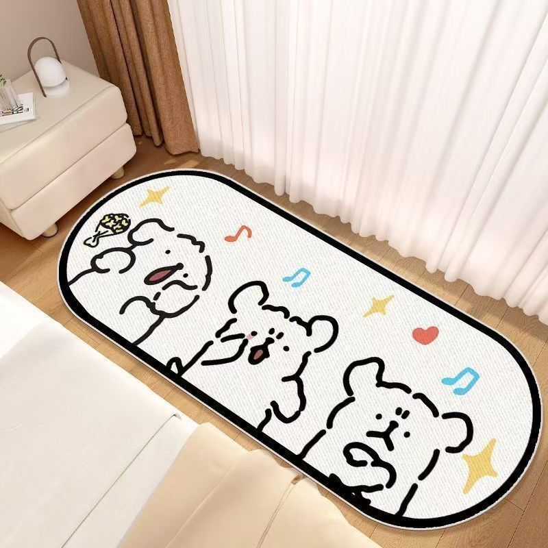 Cream bedroom mat with black edging and cartoon puppies with stars and hearts
