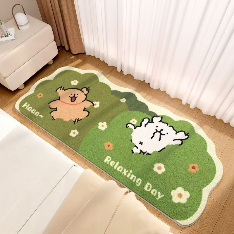 Green dog bedroom mat with smiling cartoon pup, flowers and small white cloud shapes