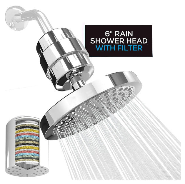Chrome 6-inch rain shower head with filter and wall-mounted arm