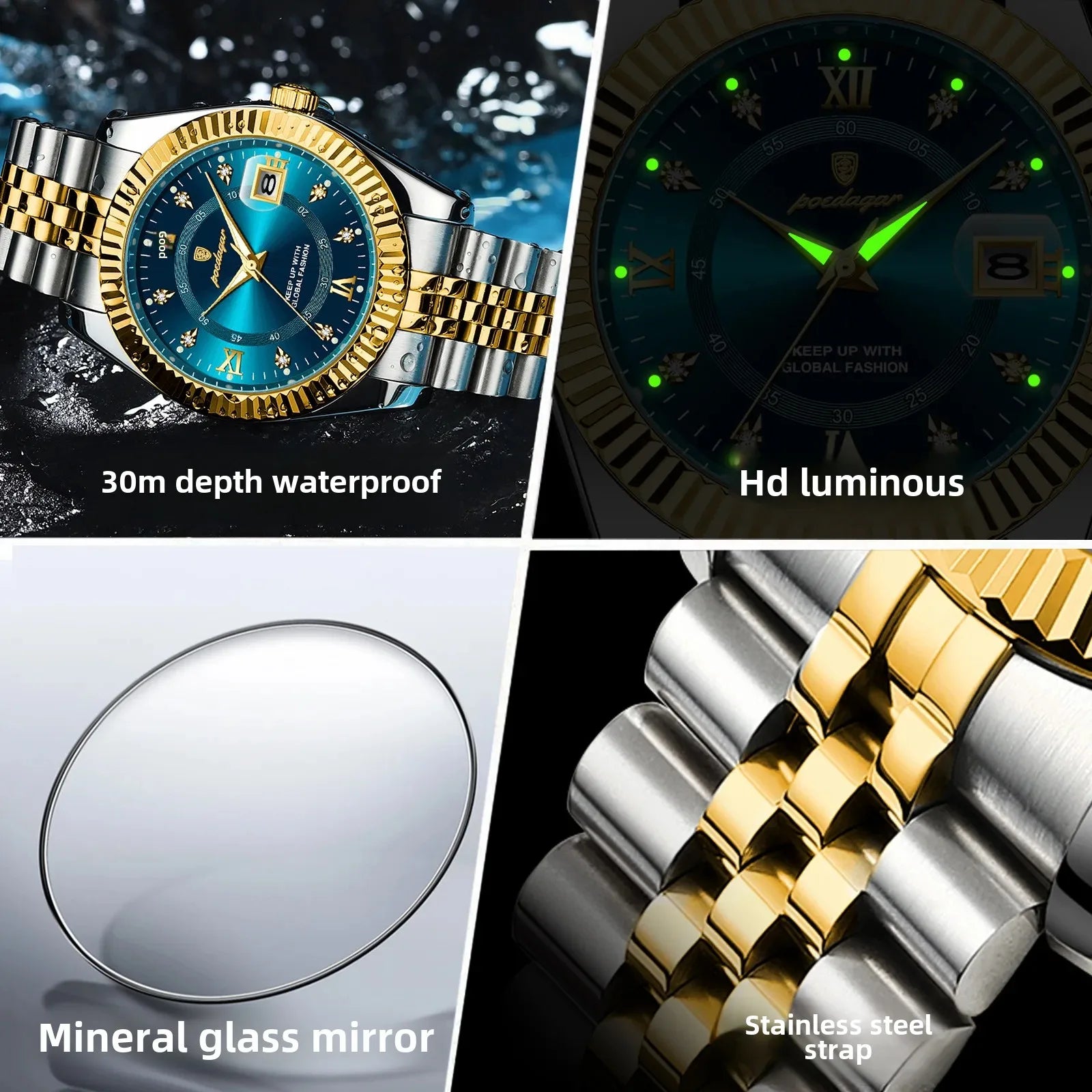 Men's quartz watch close-up: blue dial, luminous hands, gold-and-silver bracelet