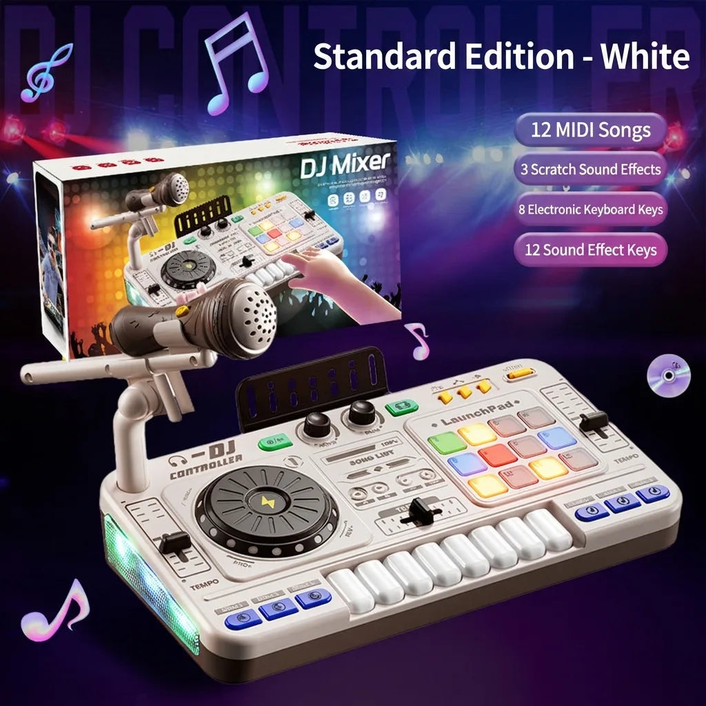 Children’s DJ turntable music toy with microphone, white console with launchpad controls