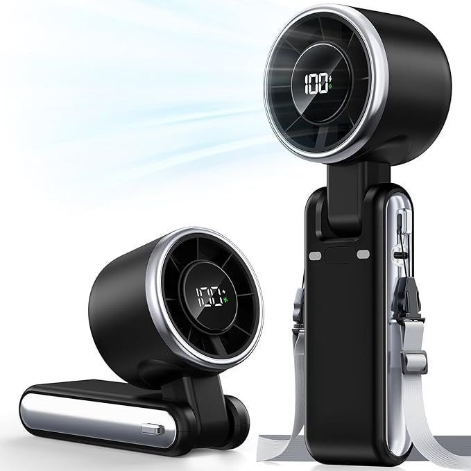 Black handheld mini neck fan with circular grille and LED speed display