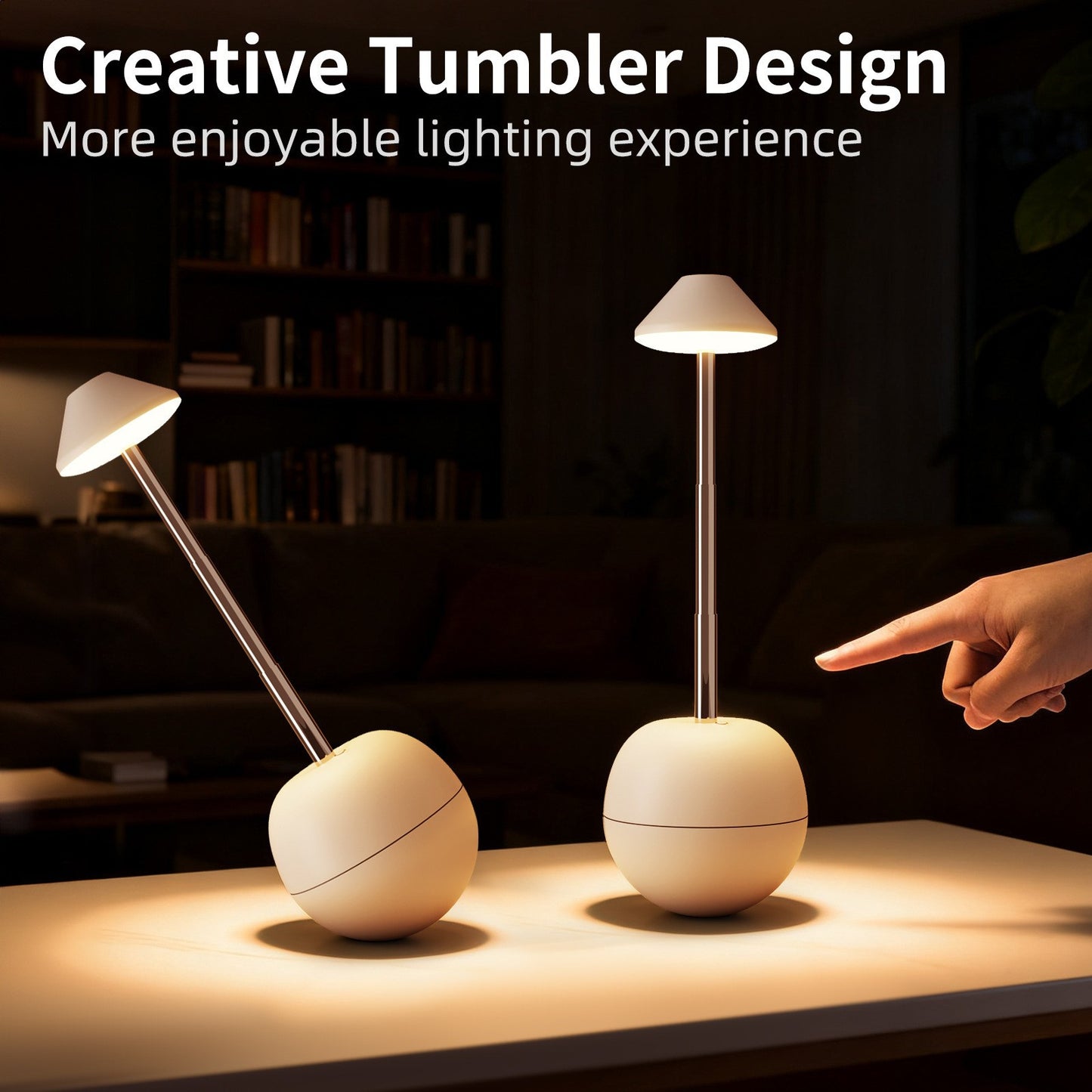 Rechargeable LED bedside night light with white tumbler body and warm glowing lamp shade
