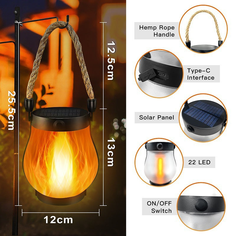 Black flame-effect lantern with hemp rope handle, Type-C port, and solar panel