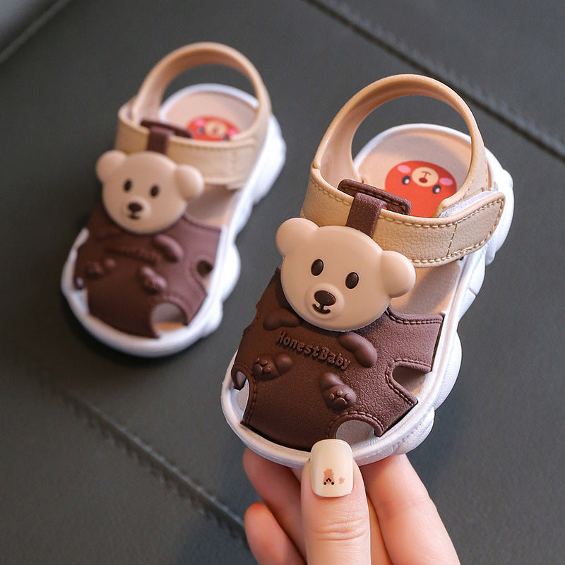 Kids bear sandals, brown/beige uppers, white sole, hook-and-loop strap, bear head patch