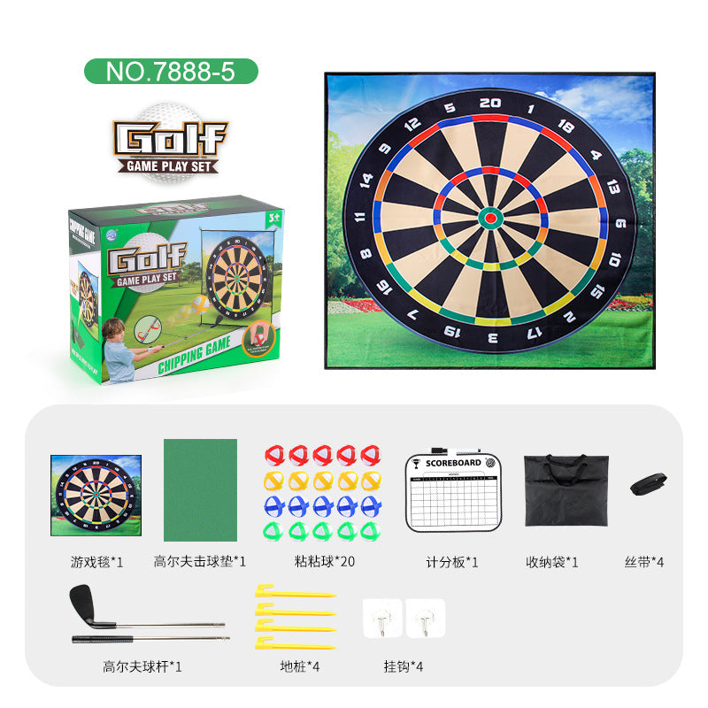 Golf game play set box with dartboard-style target mat and included accessories.