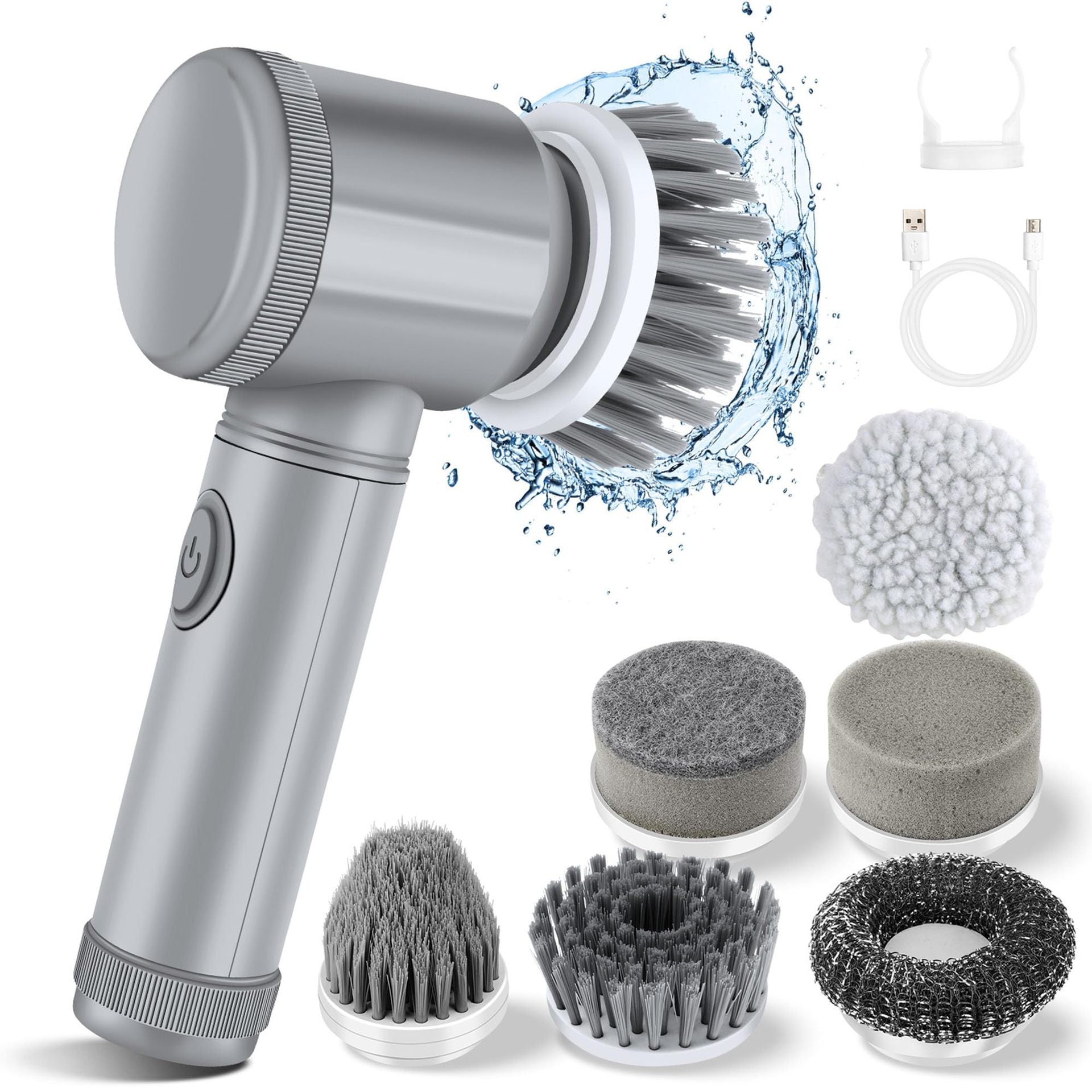 Grey electric cleaning brush with rotating head and multiple interchangeable brush pads