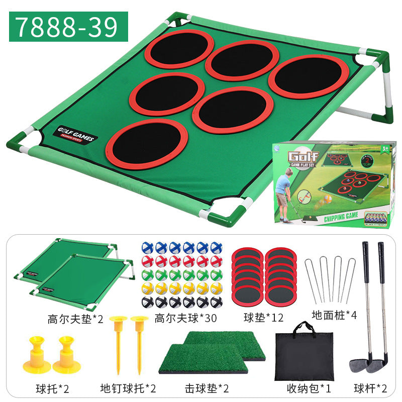 Golf game mat with stand, green base with red-and-black target circles and accessory set.