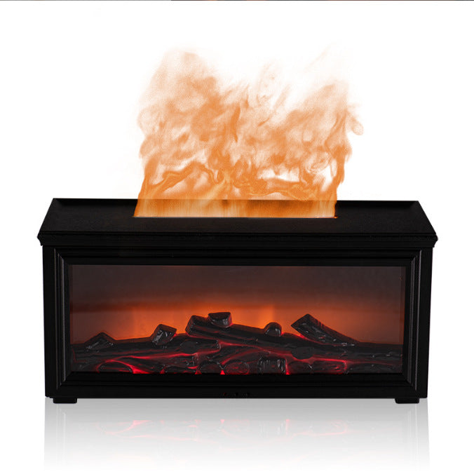 Black fireplace-style humidifier with burning flame effect over the glass