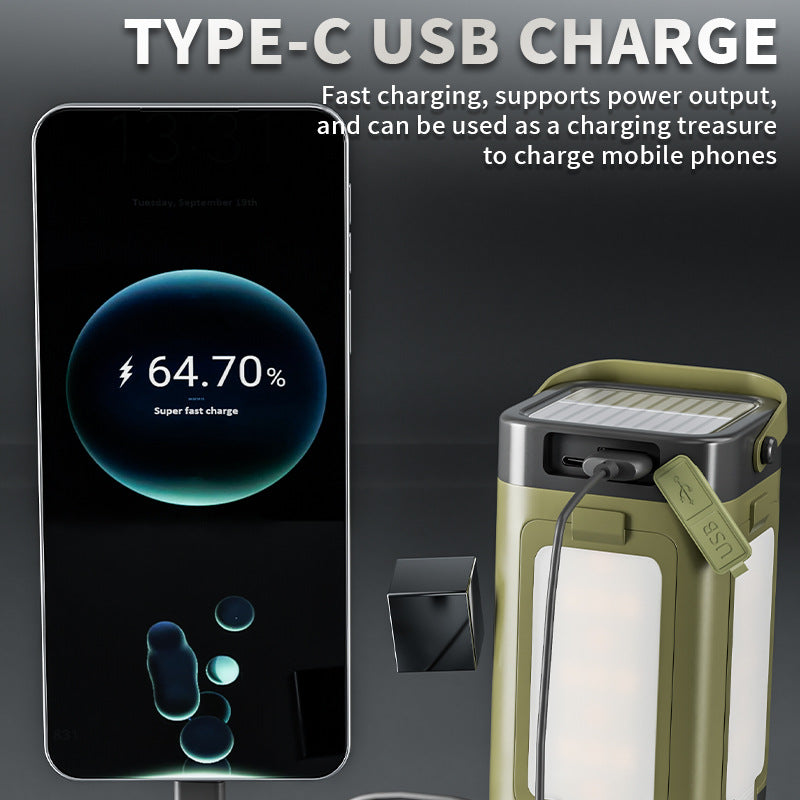Olive rechargeable camping lantern with solar panel top and side charging indicator