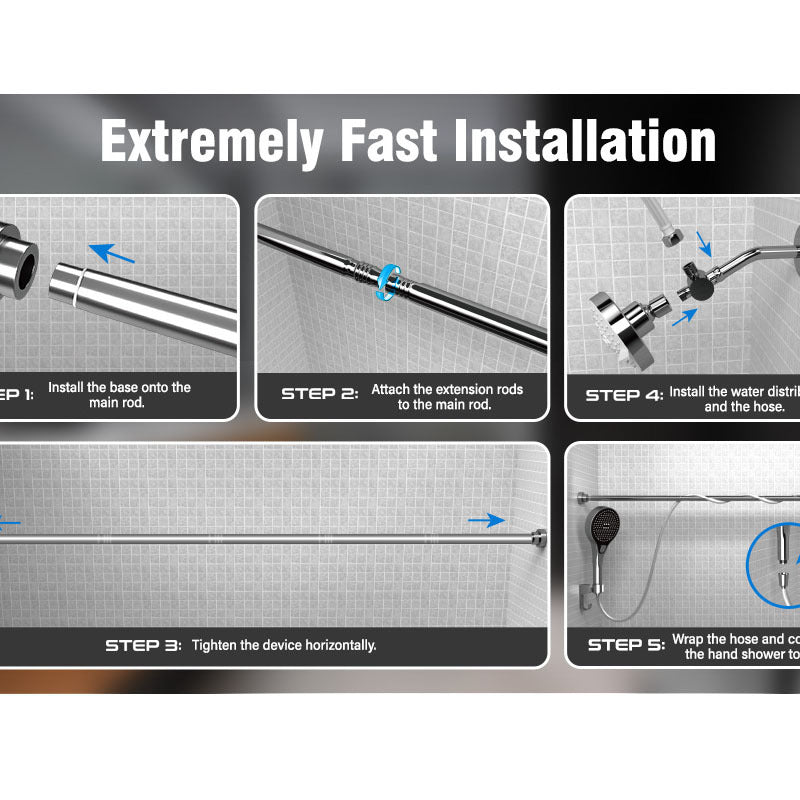 Stainless steel shower extension rod set with concealed bracket and hose, shown assembled