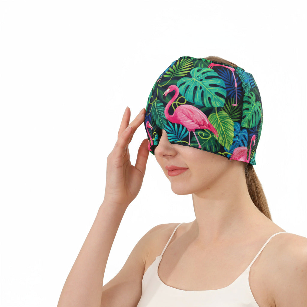 Gel ice hot compress head hood with tropical flamingo leaf print, fitted head wrap.
