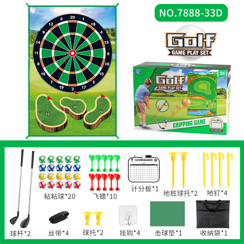 Children's golf game set with dartboard target, scoring mat, and included clubs and scorecard