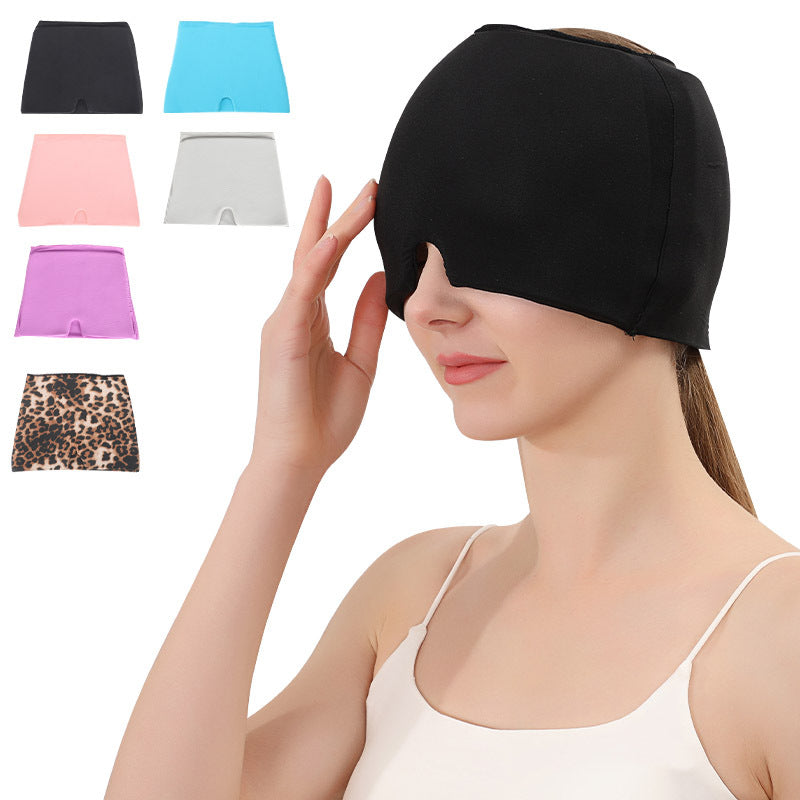 Black gel ice & hot compress head hood with contoured face opening for relief