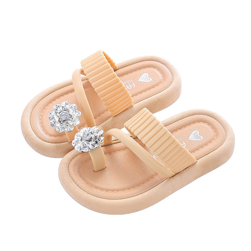 Girls' flip-flop slippers in beige with two rhinestone flowers and ribbed strap