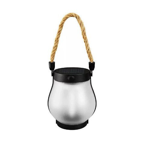 Solar rechargeable flame-effect lantern with frosted white glass shade and hemp rope handle