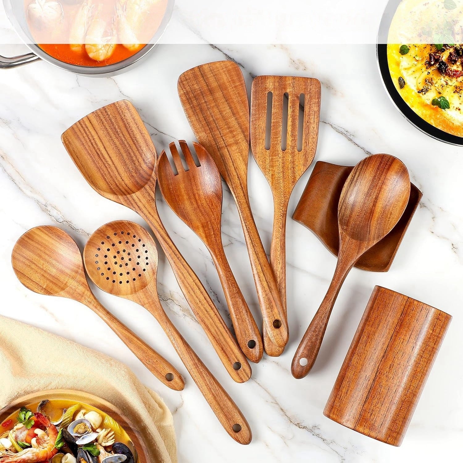 Acacia wood kitchen utensil set plus wooden storage tube, with spoon and spatula tools