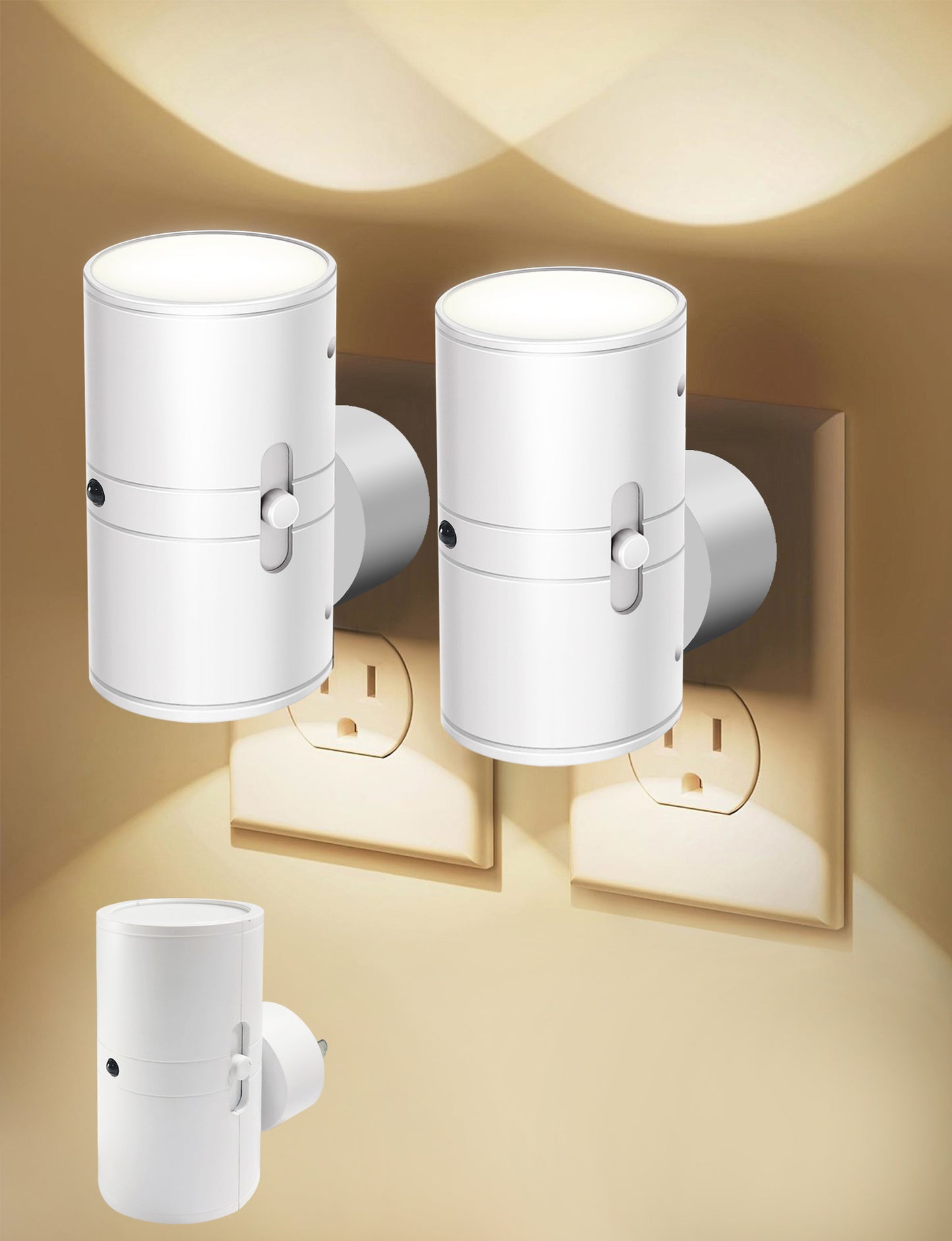 White motion-sensor LED night light wall lamp with cylindrical housing and round head