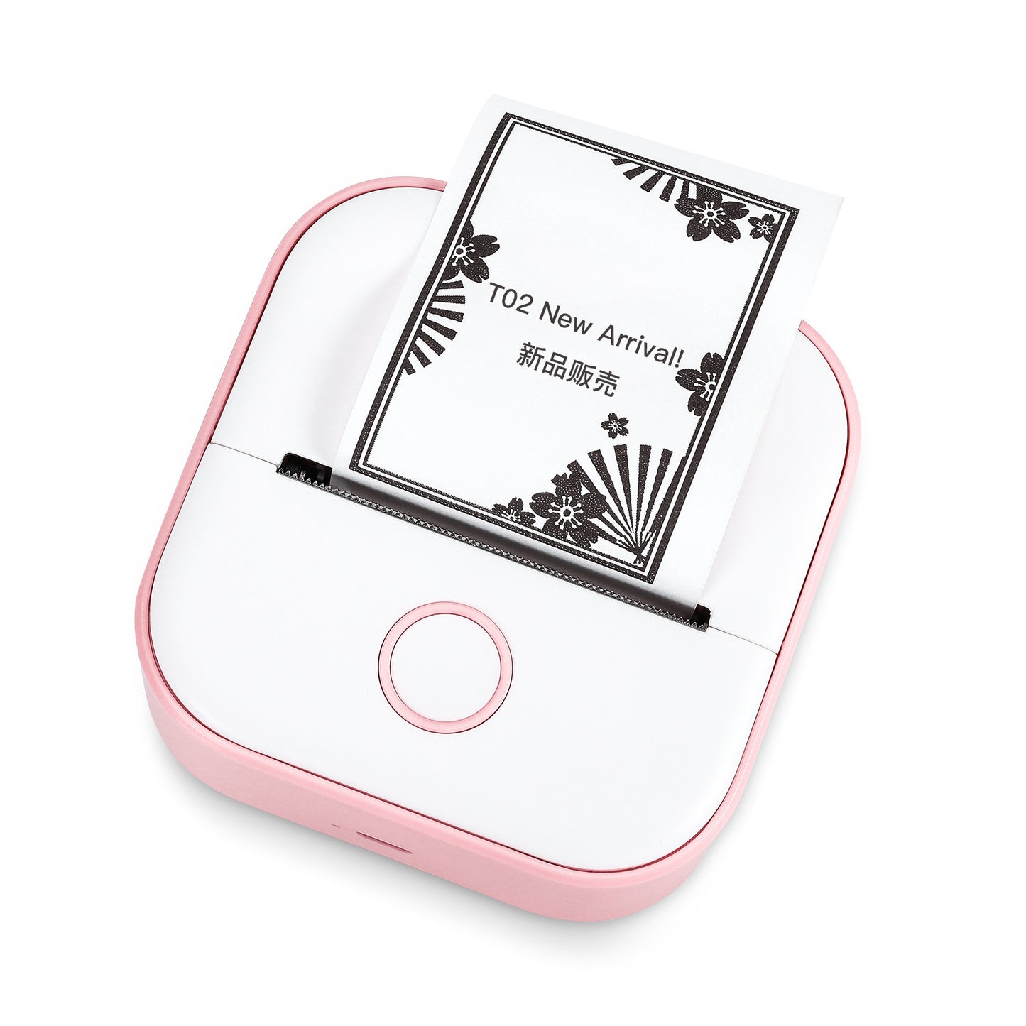 Pink and white mini thermal printer with display showing a printed card
