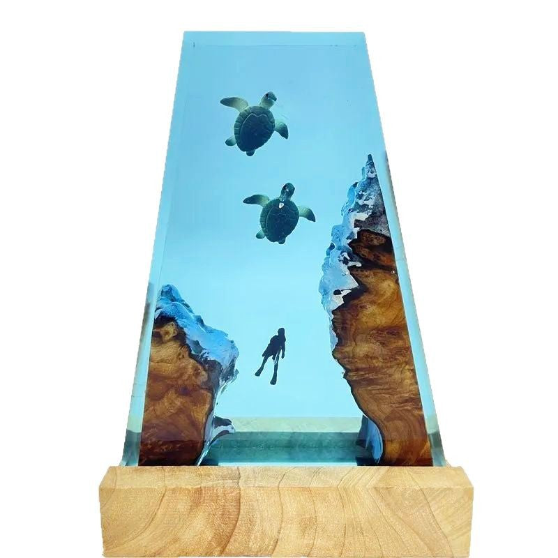 Wood sea-turtle resin night lamp with blue ocean scene and wooden base