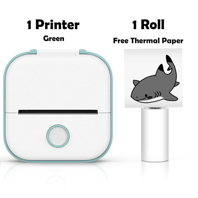 Green mini thermal label printer front view with a free roll of thermal paper