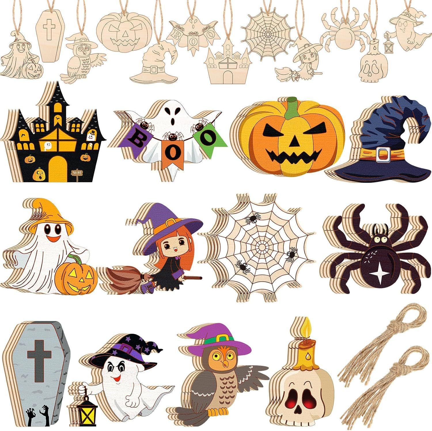 Assorted Halloween hollow wood chip hanging decorations set, carved icons with twine loops