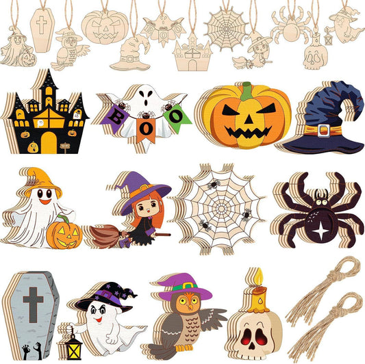 Assorted Halloween hollow wood chip hanging decorations set, carved icons with twine loops
