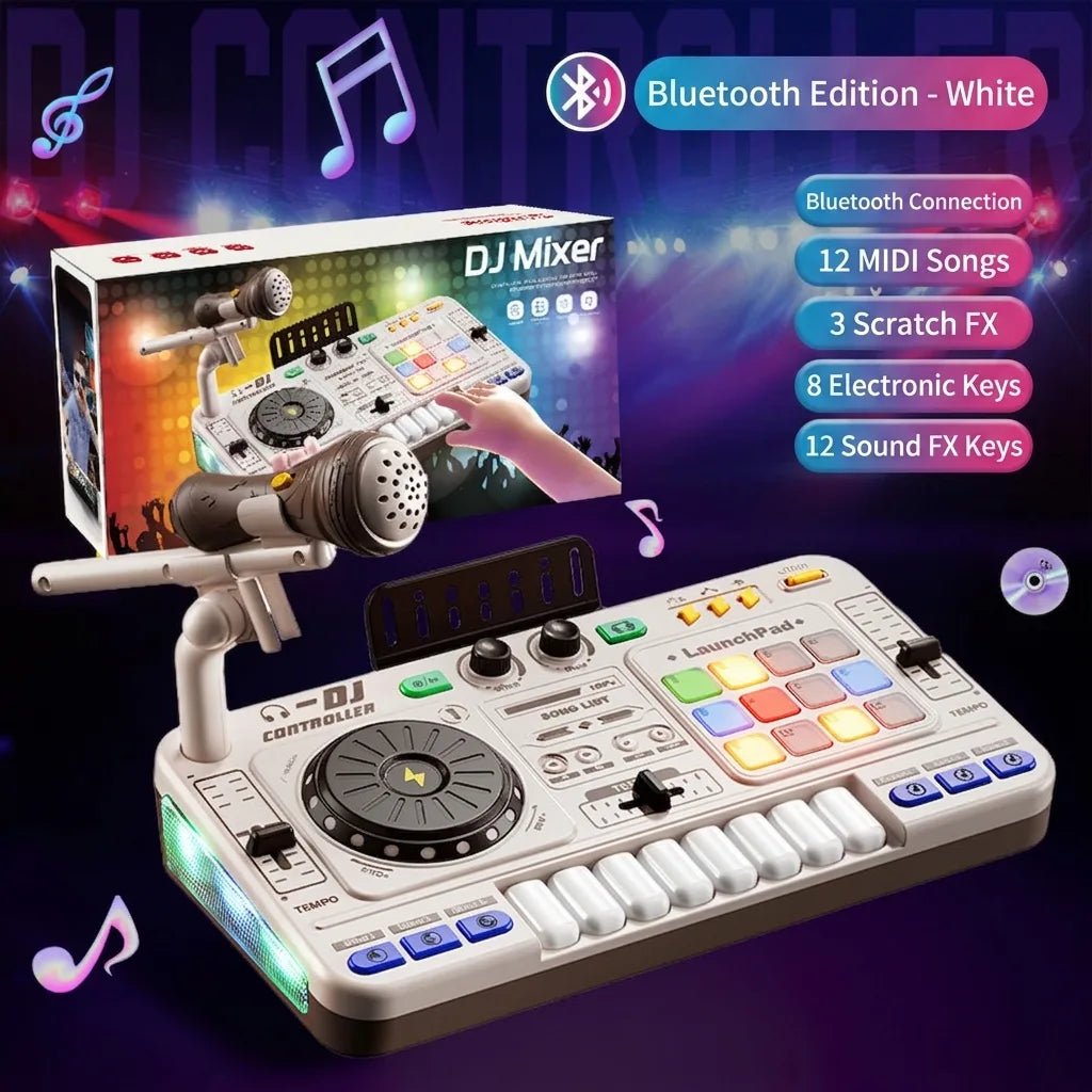Children’s Bluetooth DJ turntable music toy with microphone, white console and mic