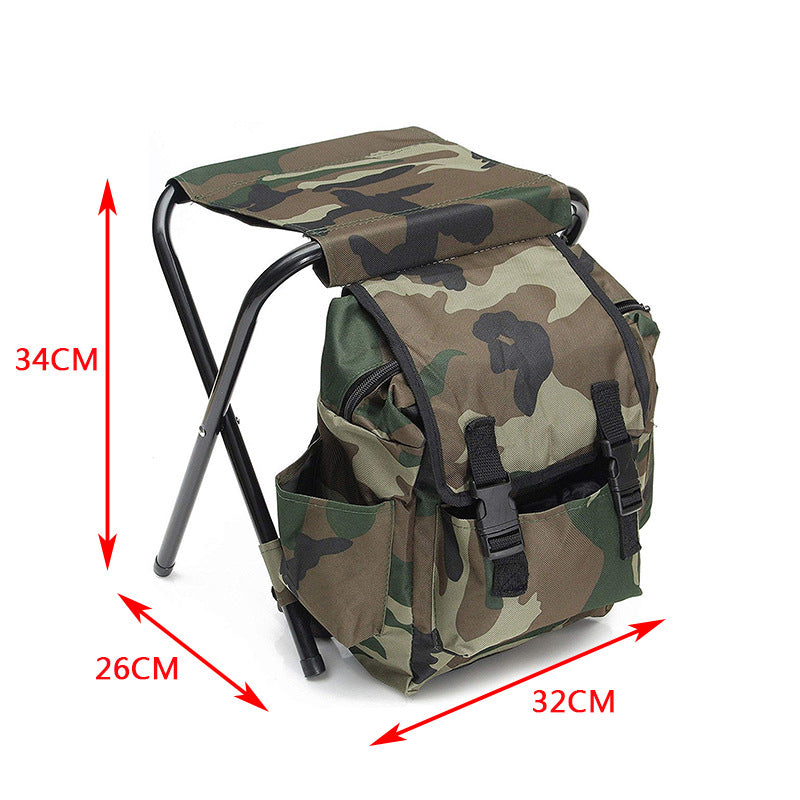 Camouflage foldable stool with backpack bag, showing overall seat size and base footprint.