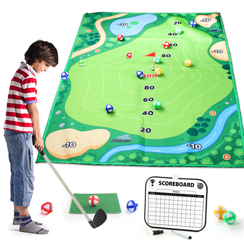 Children’s green golf game mat with target holes, plastic balls, and putter