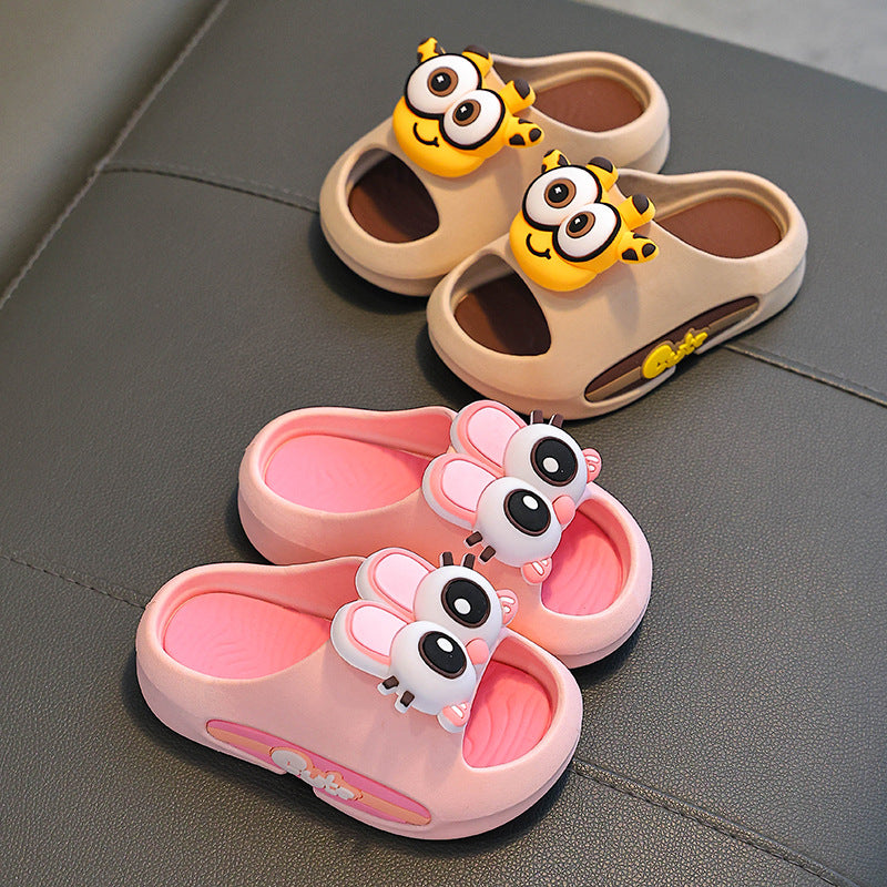 Children's anti-slip indoor sandal slippers set in pink, purple, and yellow, animal-face designs