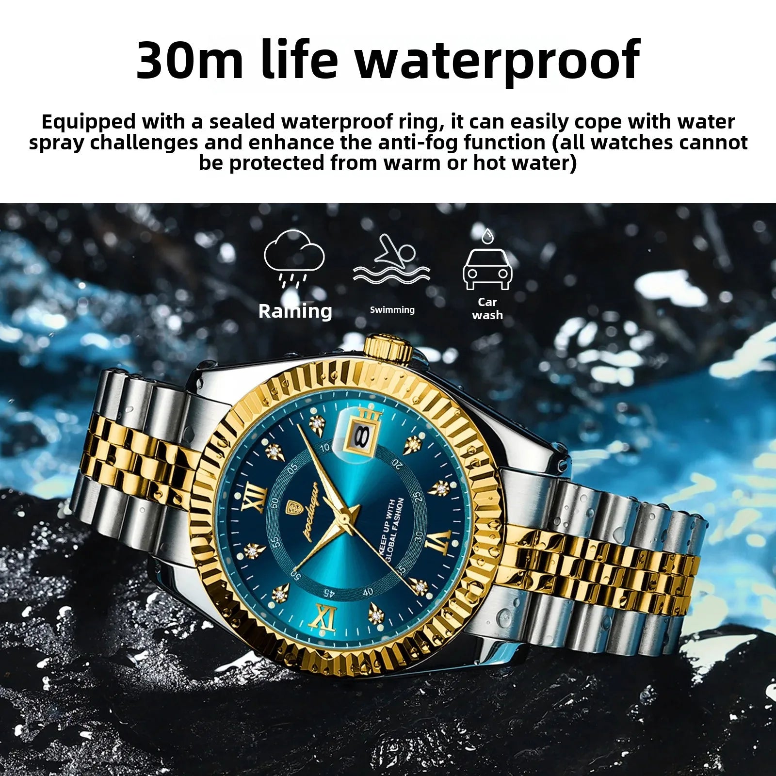Men's two-tone quartz watch with blue dial and gold/silver metal bracelet, date window