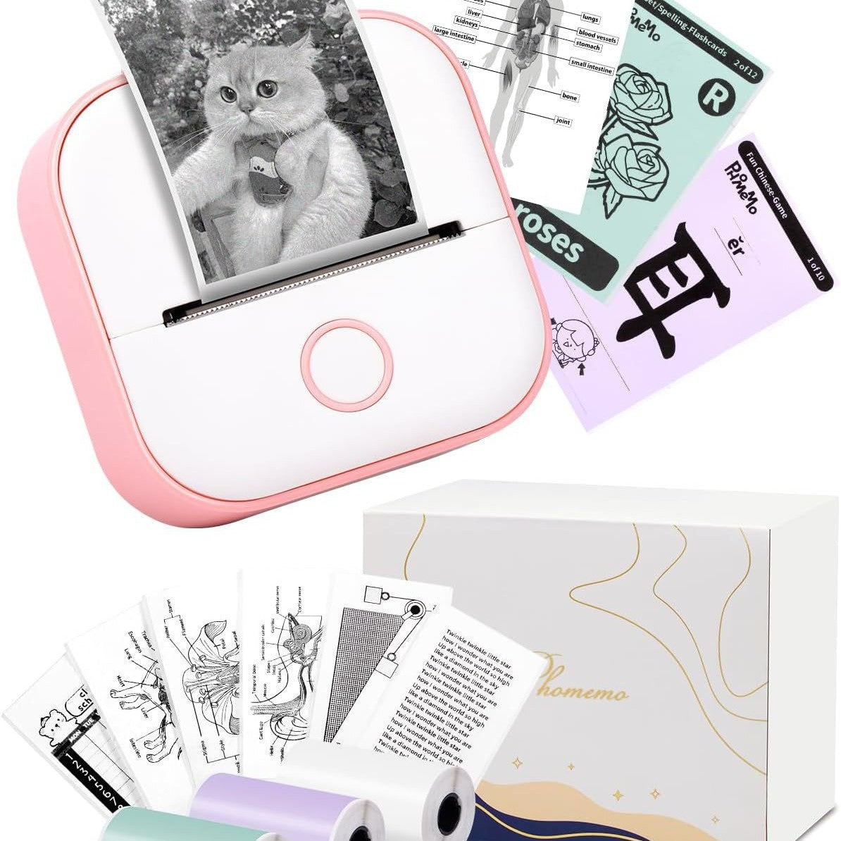 Portable mini thermal printer with pink and white body and front control button