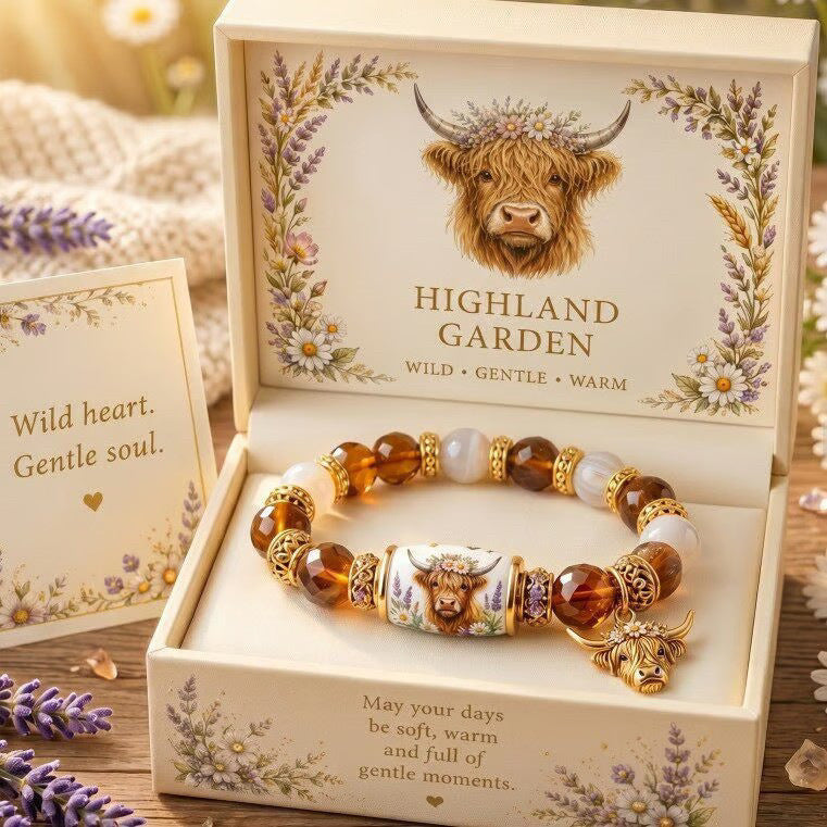 Beaded lucky bracelet with amber and tan beads, Highland cow charm, and floral photo bead