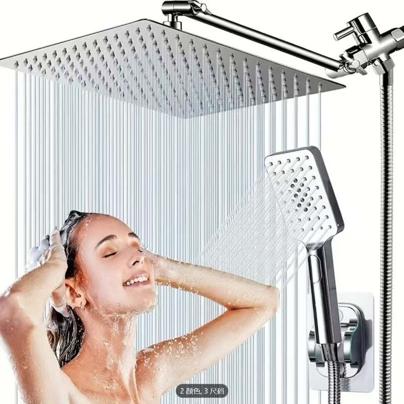 Stainless steel square rain shower head with handheld sprayer and shower hose, chrome finish