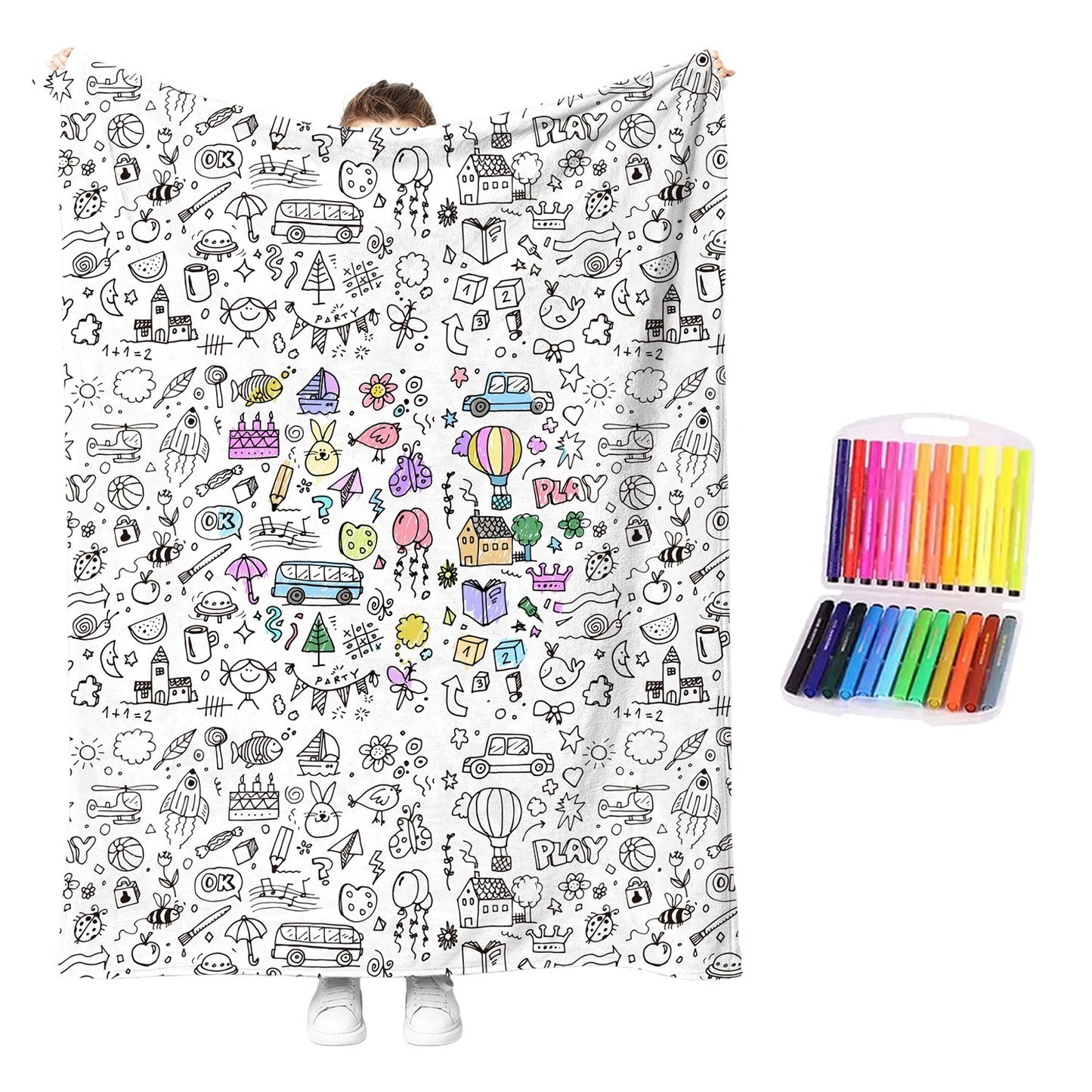 Reusable coloring blanket with white background and multicolor line-art icons