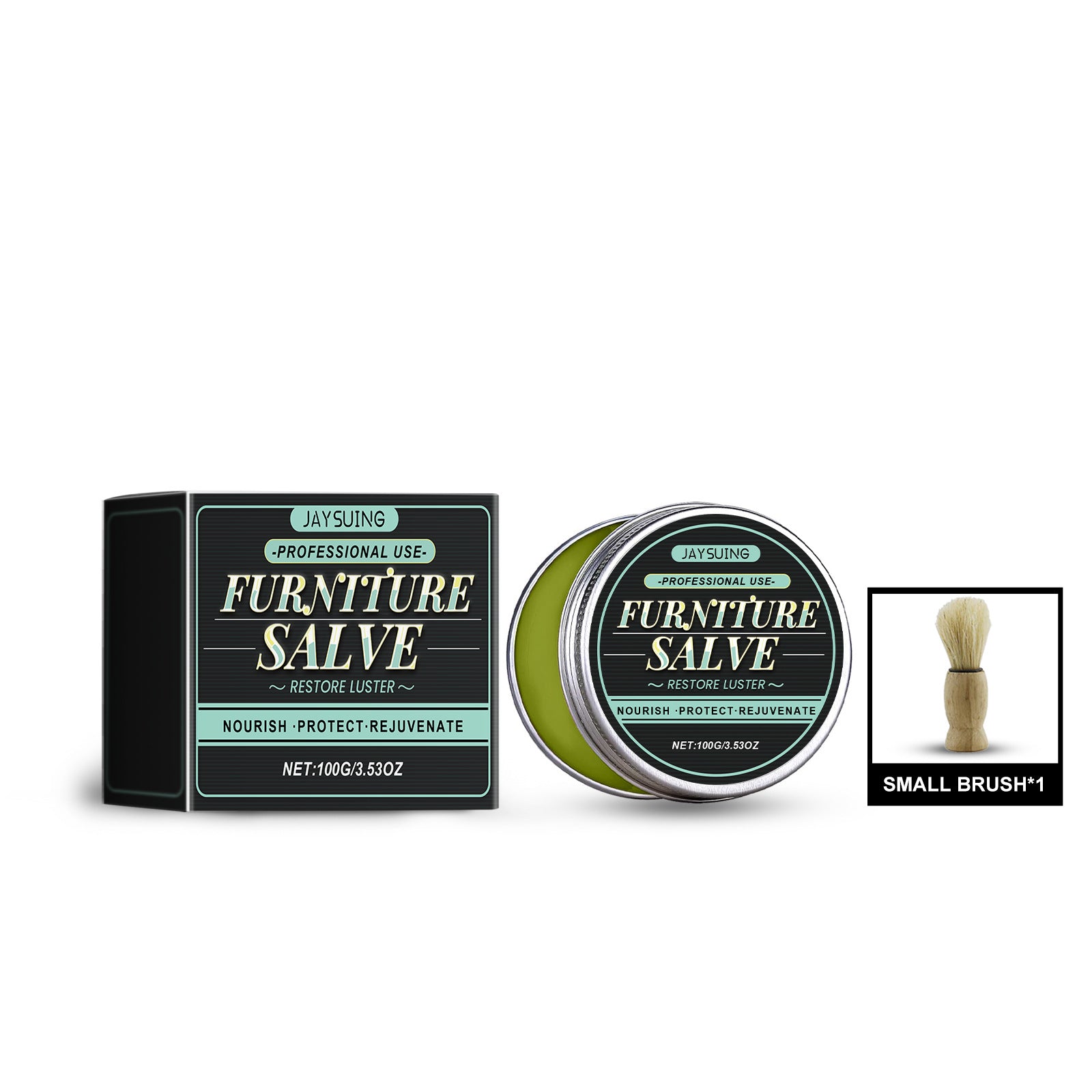 Furniture salve tin, round jar, and small brush for leather cleaning