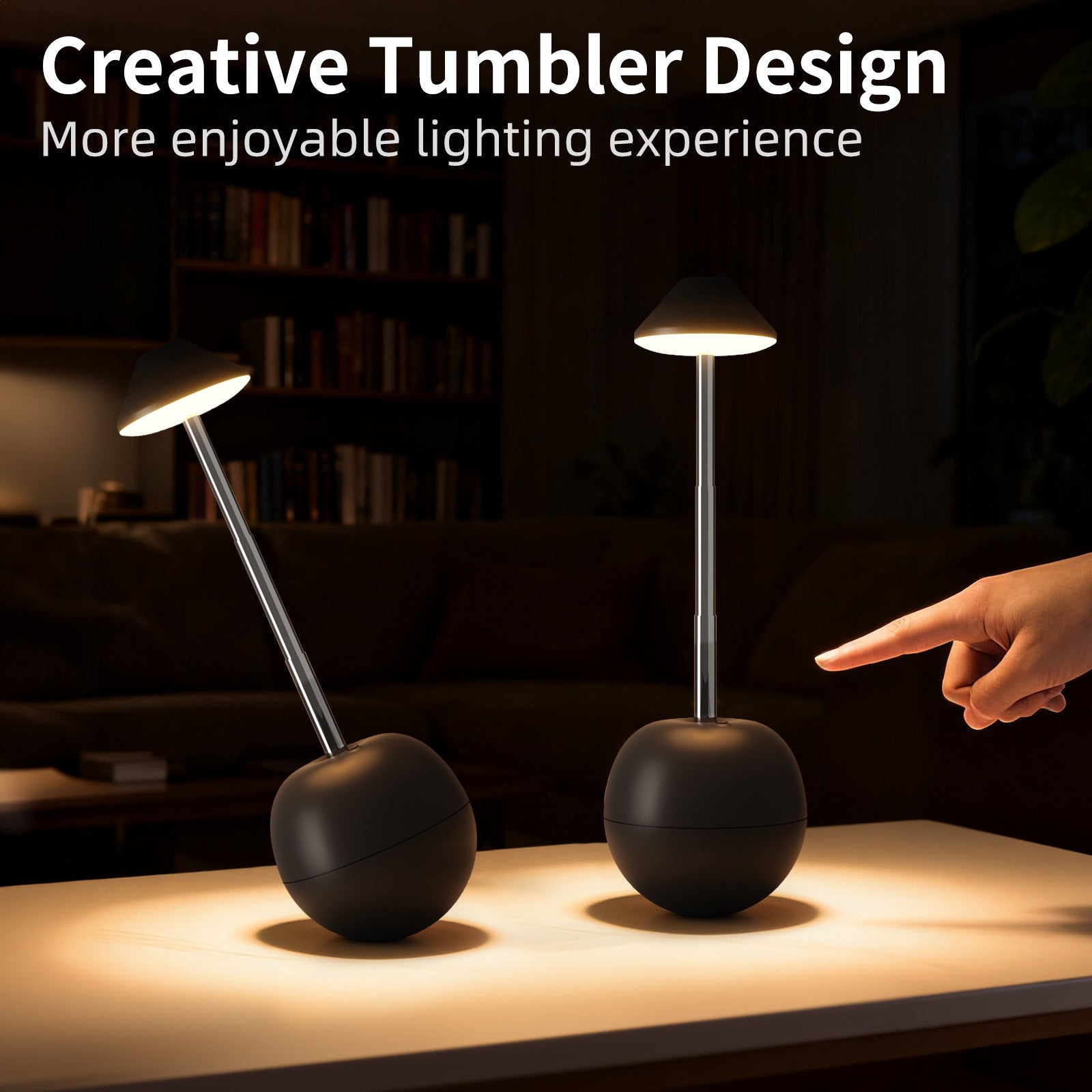 Rechargeable LED bedside night light with black tumbler body and warm glowing lamp shade