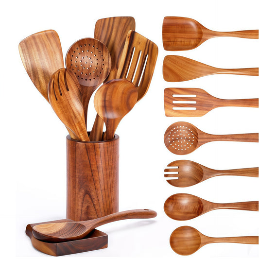 Wooden kitchen utensil set with ladle, spatulas, spoons, and perforated colander strainer