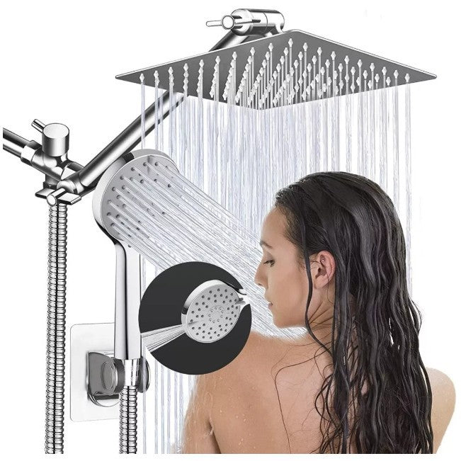 Chrome concealed shower set with overhead rain head and handheld spray