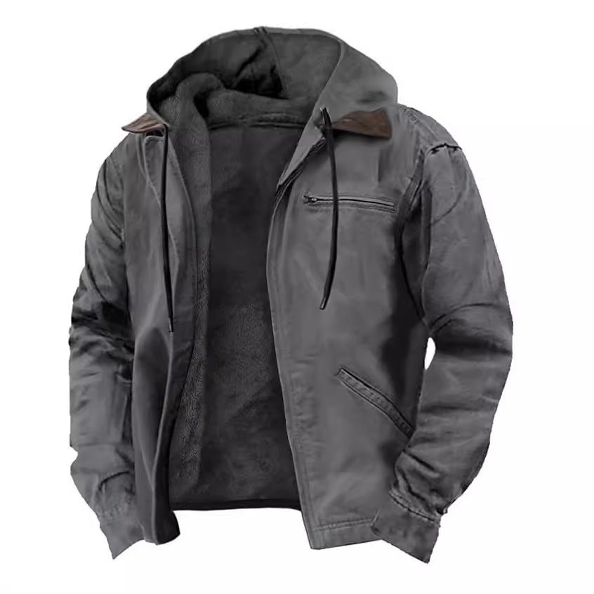 Fleece-lined zip-up hoodie jacket, dark gray, hood, front zipper, side pockets