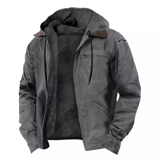 Fleece-lined zip-up hoodie jacket, dark gray, hood, front zipper, side pockets
