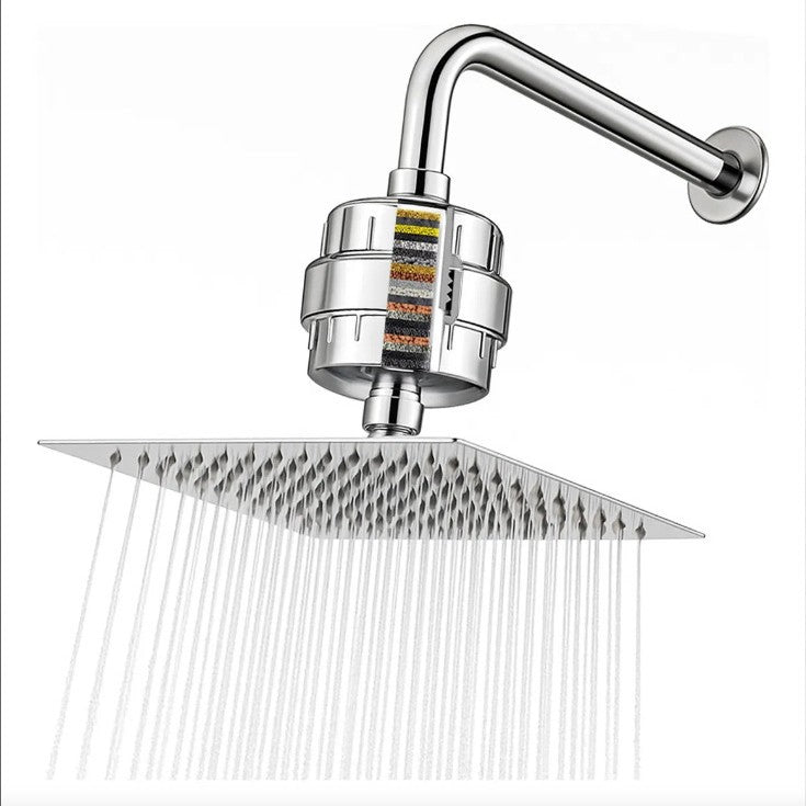 Square rainfall shower head set with water filter cartridge and slide mount