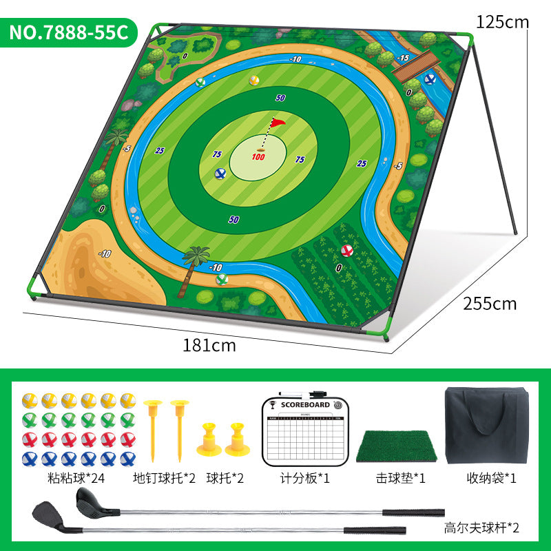 Children's foldable golf play mat with scoring field, scoreboard, and included clubs and pouch